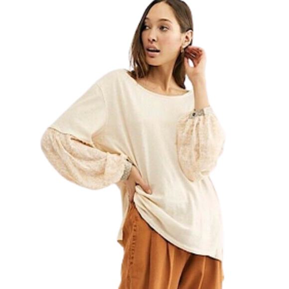 Free People Jade Long Sleeve Tee Top Cream 100% Cotton Floral Balloon Sleeve XS - Picture 3 of 7